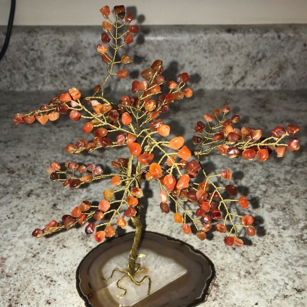 Carnelian Copper Wire Tree On Cross Cut Agate Healing Natural Stone Home Decor